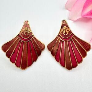Vintage Cloisonne Fan Earrings Art Nouveau Revival   Romantic Artsy Exotic Chic